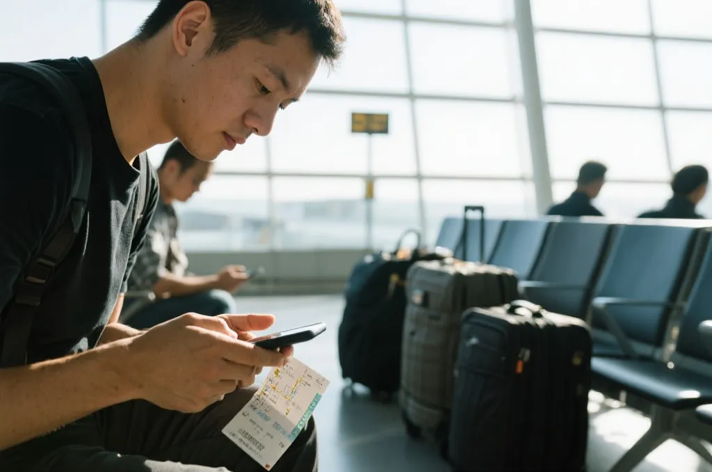 旅客在机场查看登机信息与行程规划